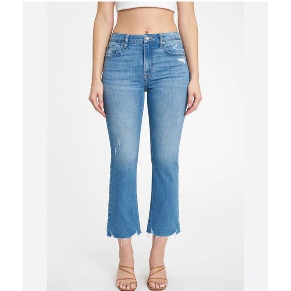 Eunina Emery Frenzy High Rise Distressed Cropped Bootcut Jeans Blue 5/27W NWT - Picture 1 of 7